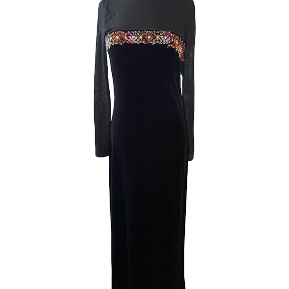 Vintage Donna Morgan black bejeweled beaded velvet sheer sleeve dress size 6 - Picture 3 of 13